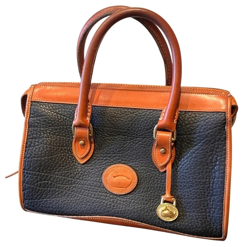 Dooney & Bourke All Weather Handbag Satchel Pebble Grain Black and Tan, 1980s